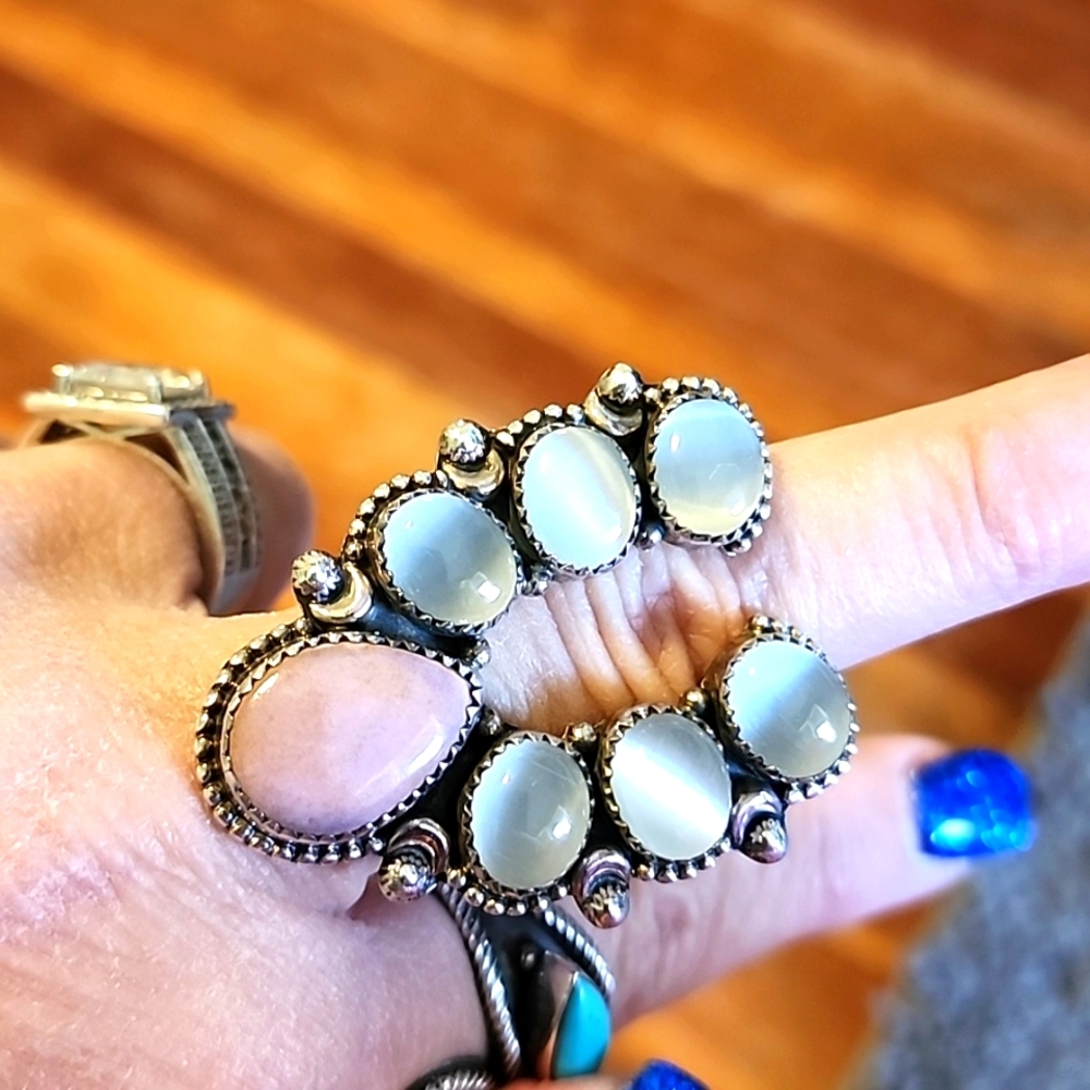 Sterling silver mother of pearl and pink opal ring